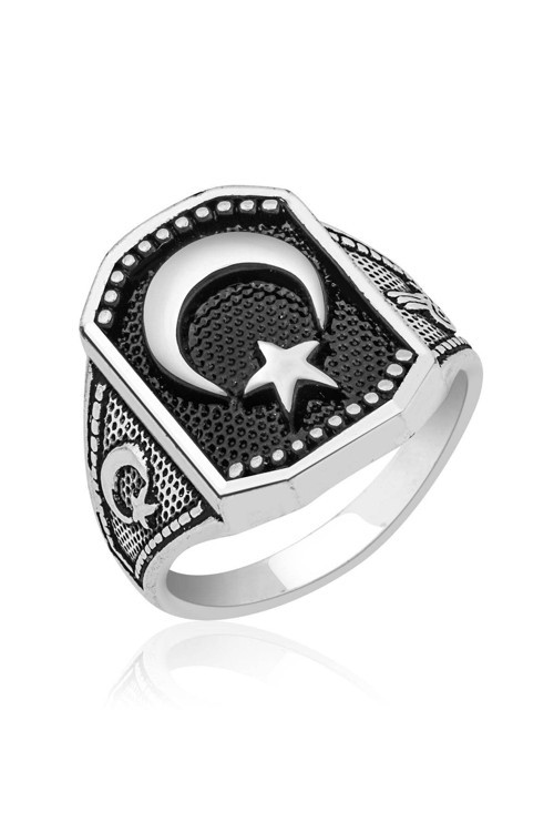 Gümüş Kaplama Ay Yıldız Erkek Yüzük Eng5858110