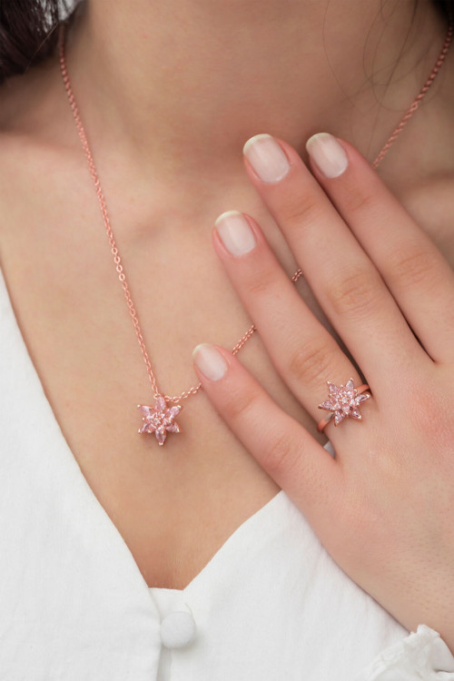 Rose Altın Kaplama Pembe Taşlı Lotus Çiçeği Kadın Kolye Yüzük Set