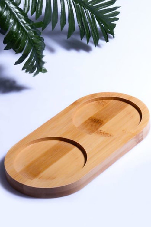 İbico 2 Bölmeli Oval Ahşap Bambu Yağdanlık Altlık & Mini Sunumluk