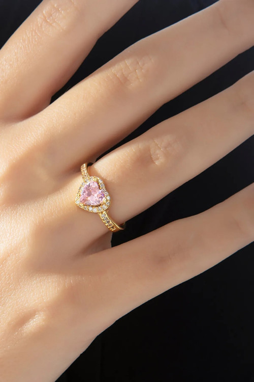 Altın Kaplama Pembe Zirkon Taşlı Ayarlanabilir Kalp Yüzük