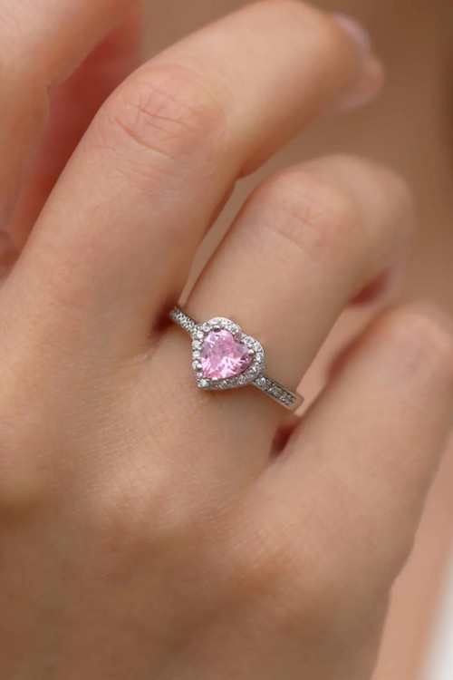 Gümüş Kaplama Pembe Zirkon Taşlı Ayarlanabilir Kalp Yüzük