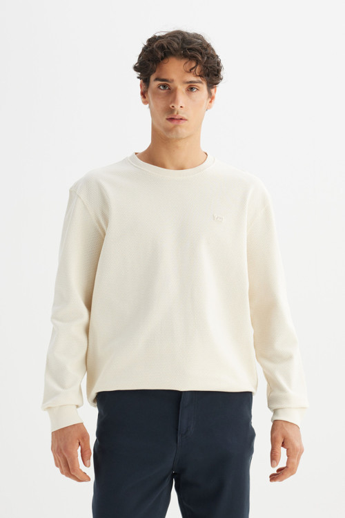 Erkek Pamuk Regular Fit Bisiklet Yaka Patch Logo Bej Sweatshirt