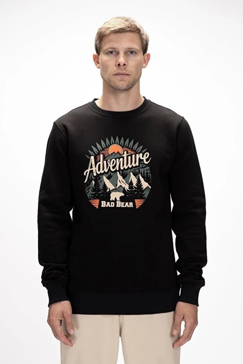 Badbear Adventure Si̇yah Crewneck Erkek Baskılı Sweatshirt