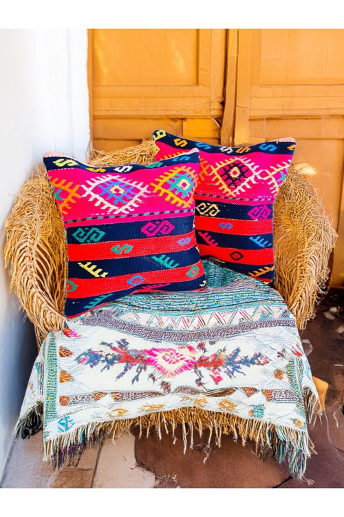 Home Fashion - Etnik Kelebek Dekoratif 2`Li Yün Kilim Kırlent Kılıfı