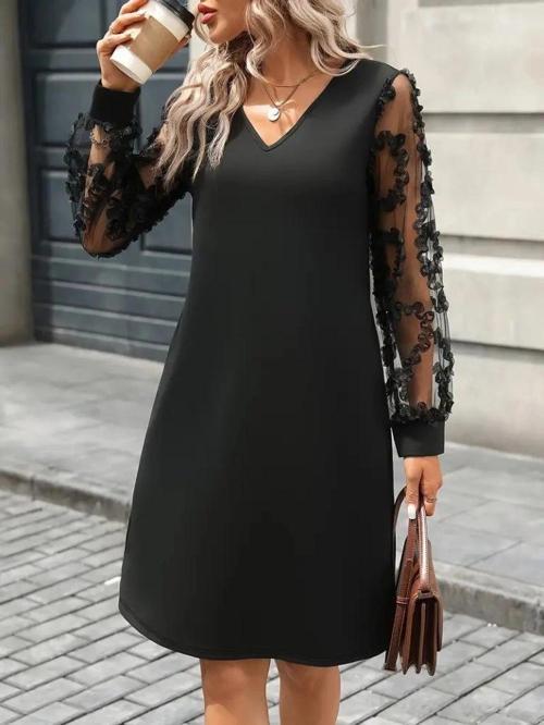 MDB Kadın Uzun Kollu V Yakalı Tüllü Kısa Ithal Krep Mini Elbise