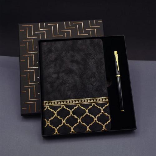 Gold Desen Siyah Deri Defter Kalem Set