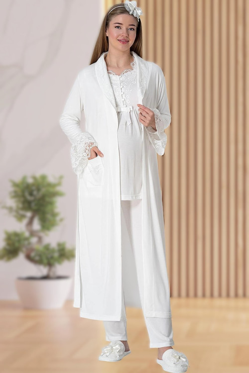 Kadın Uzun Sabahlıklı Dantelli Lohusa Hamile 3'Lü Pijama Takımı