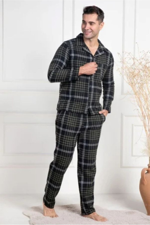 Yeşil Ekoseli %100 Pamuk Büyük Beden (Battal Boy) Kışlık Erkek Pijama Takımı