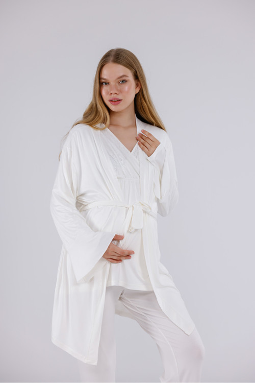Kadın Ekru Kruvaze Dantelli Uzun Kol Lohusa Hamile 3'Lü Pijama Takım Set