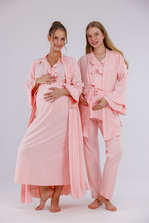 Kadın Pembe Kruvaze Yaka Lohusa Hamile Gecelik Sabahlık Pijama 5'Li Set Takım