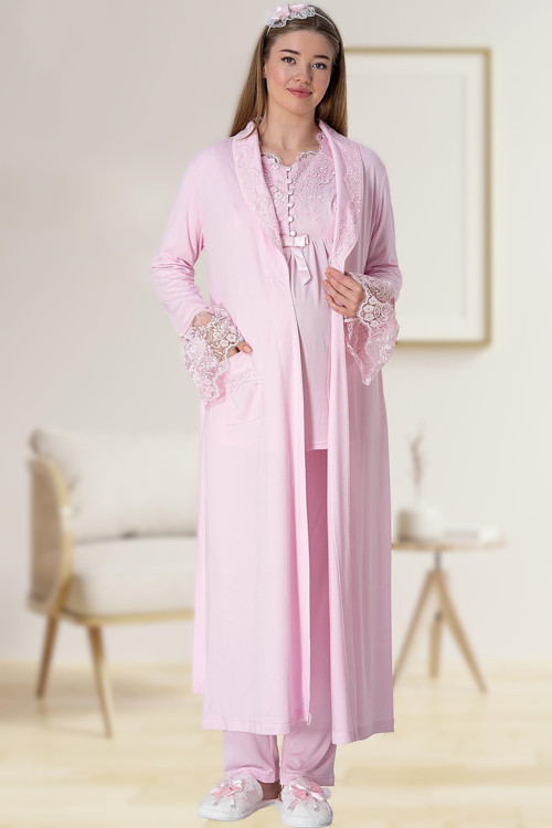 Kadın Uzun Sabahlıklı Dantelli Lohusa Hamile 3'Lü Pijama Takımı
