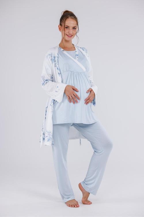 Kadın Mavi Desenli Kruvaze Tasarım Lohusa Hamile Sabahlıklı 3'Lü Pijama Takım Set