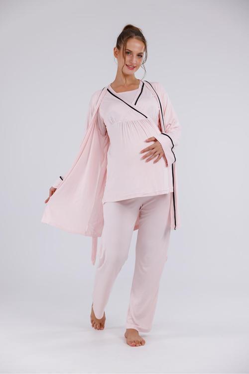 Kadın Pudra Biyeli Emzirme Özellikli Kruvaze Lohusa Hamile Sabahlıklı 3'Lü Pijama Takım Set