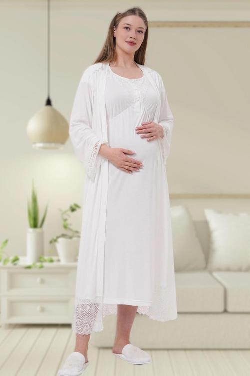 Kadın Şal Yaka Dantel Detaylı Lohusa Hamile Gecelik Sabahlık Takım