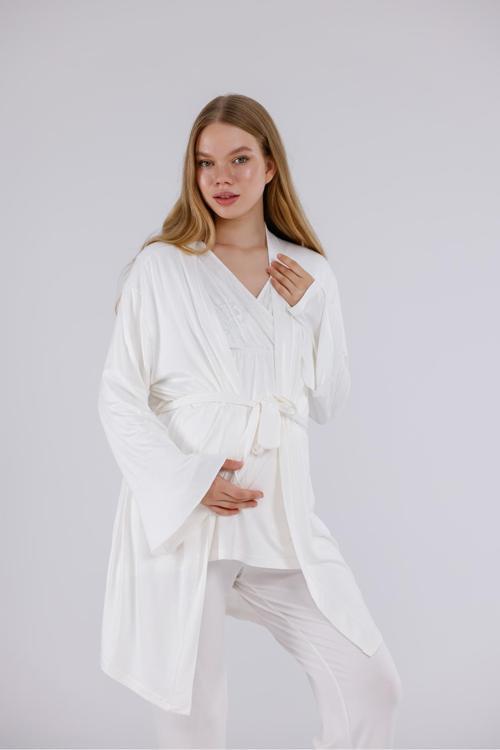 Kadın Ekru Kruvaze Dantelli Uzun Kol Lohusa Hamile 3'Lü Pijama Takım Set
