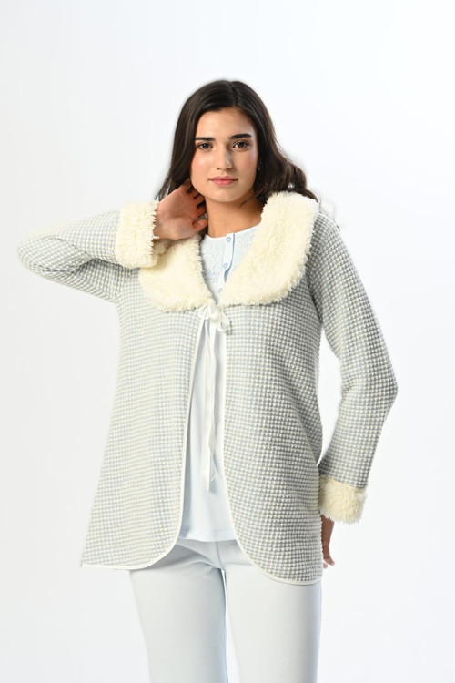 Kadın Mavi Kapitone Sabahlıklı Dantel Detaylı Lohusa Hamile 3'Lü Pijama Takımı Seti