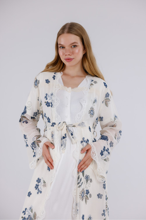 Kadın Ekru Çiçek Desenli Tasarım Pamuklu Tam Boy Lohusa Hamile Gecelik-Sabahlık 2'Li Set