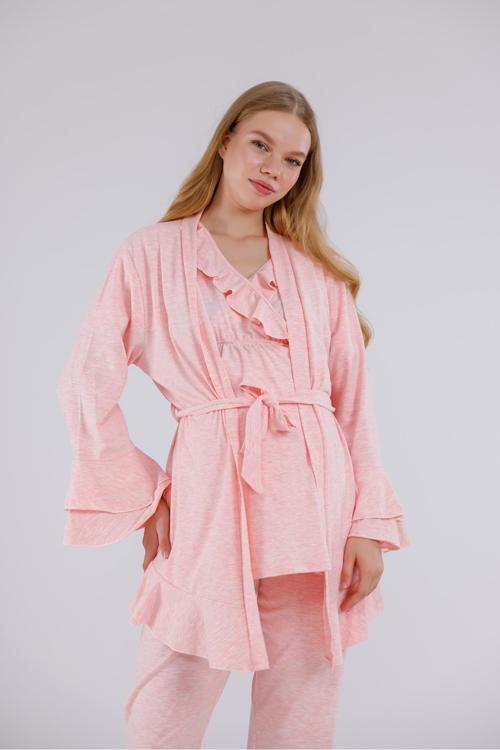 Kadın Pembe Melanj Kruvaze Lohusa Hamile Sabahlıklı 3'Lü Pijama Takım Set