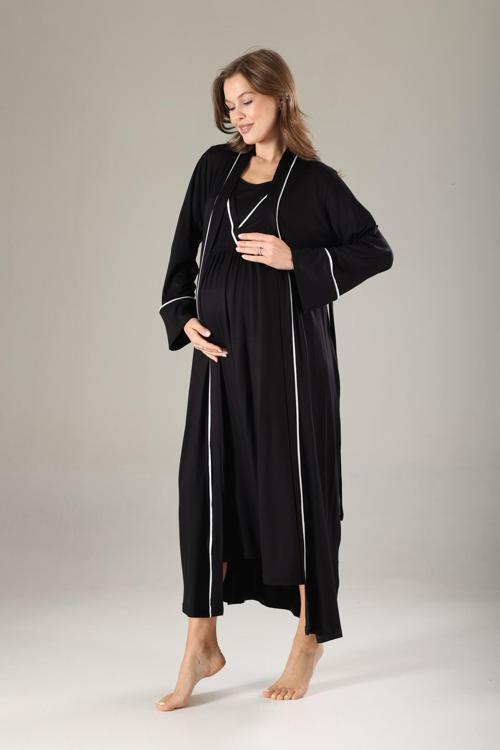 Siyah Biyeli Ozel Tasarım Yazlık Pamuk Hamile Lohusa Sabahlık Gecelik Takım Seti