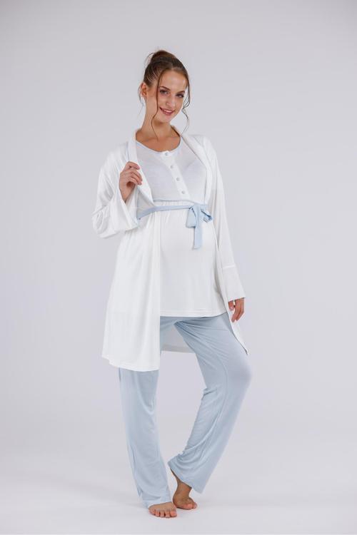 Kadın Mavi Şal Yaka Pamuklu Lohusa Hamile Sabahlıklı 3'Lü Pijama Takım Set