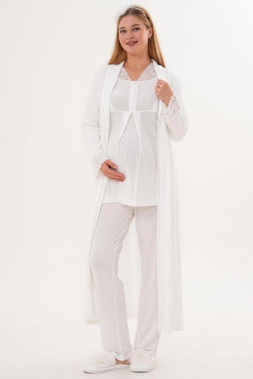 Kadın Şal Yaka Uzun Sabahlıklı Dantel Detaylı Lohusa Hamile Pijama Takımı
