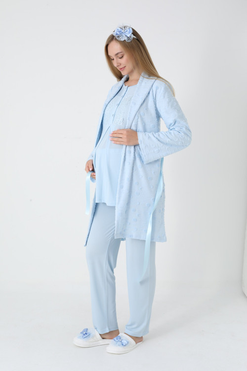 Kadın Jakarlı Şal Yaka Özel Tasarım Kışlık Uzun Kol Pamuk Hamile Sabahlık Pijama Takım 3'Lü Seti