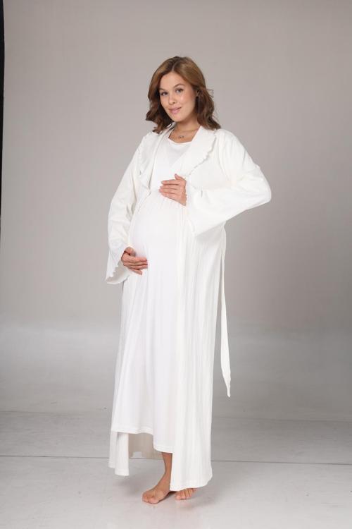 Kadın Ekru Jakarlı Şal Yaka Tam Boy Kışlık Uzun Kol Özel Tasarım Lohusa Hamile Sabahlık Gecelik Seti