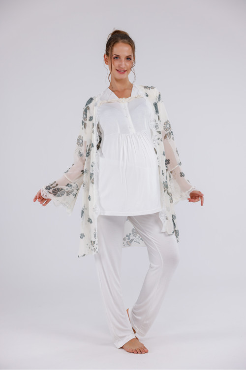 Kadın Ekru Çiçek Desenli Tasarım Pamuklu Tam Boy Lohusa Hamile Pijama 3'Lü Set