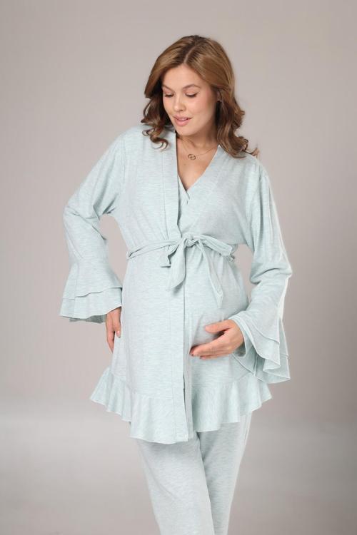 İ Kadın Mint Yeşili Kruvaze Pamuklu Uzun Kol Lohusa Hamile 3'Lü Pijama Takım Set