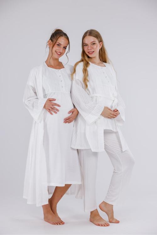 Kadın Ekru Çizgili Keten Lohusa Hamile Gecelik Sabahlık Pijama Takım 5'Li Set