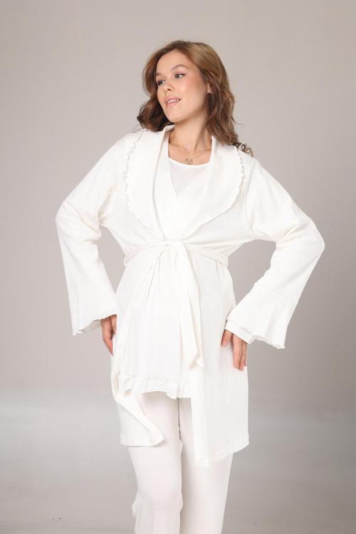 Kadın Ekru Dantelli Şal Yaka Özel Tasarım Lohusa Hamile 3'Lü Pijama Takım Seti