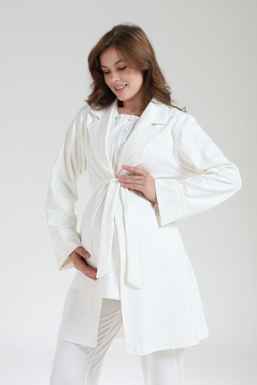 Kadın Ekru Jakarlı Şal Yaka Dantelli Kışlık Özel Tasarım Lohusa Hamile Sabahlık Pijama Takımı Seti