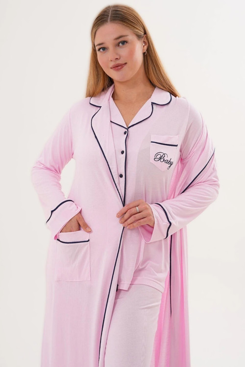 Kadın Uzun Sabahlıklı Biyeli Cepli Önden Dügmeli Lohusa Hamile 3'Lü Pijama Takımı