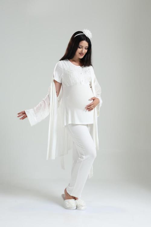 Kadın Dantelli Bisiklet Yaka 3'Lü Lohusa Hamile Pijama Takım Set