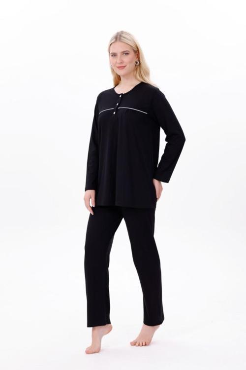 Kadın Büyük Beden Uzun Kol Biyeli Battal Pijama Takımı