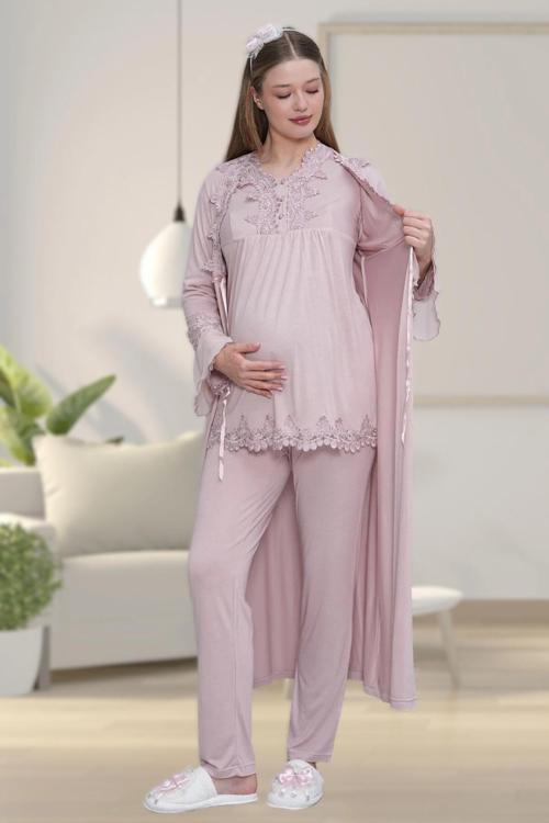Kadın Pudra Dantelli Uzun Sabahlıklı Lohusa 3'Lü Pijama Takım Set