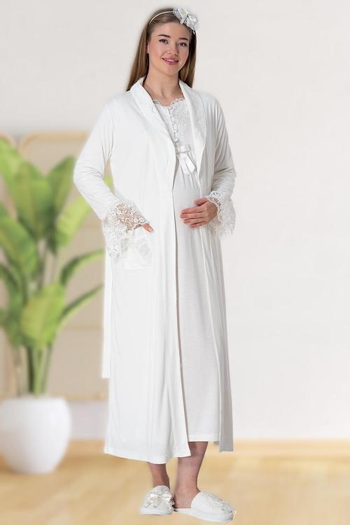 Kadın Uzun Sabahlıklı Dantelli Lohusa Hamile Gecelik Sabahlık Takım