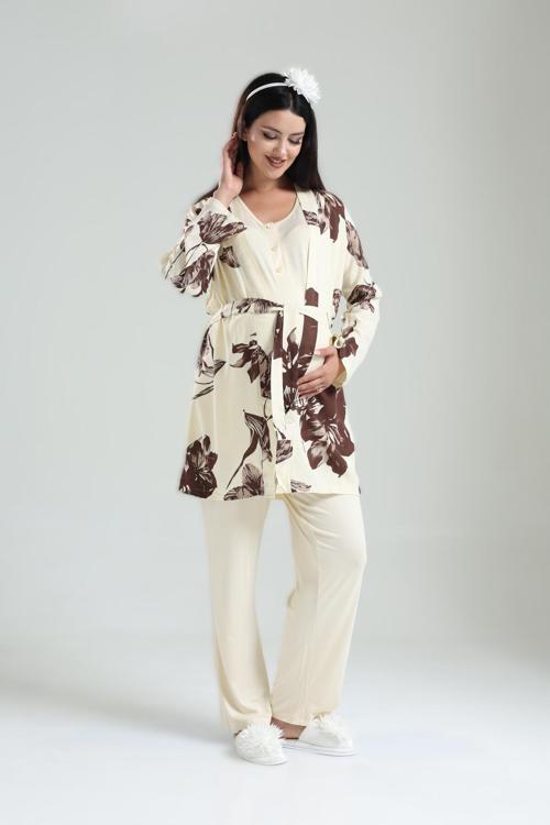 Kadın Desenli Patlı Lohusa Hamile 3'Lü Pijama Takımı