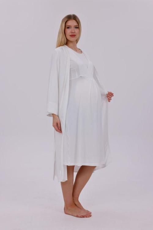 Kadın Şal Yaka Dantel Detaylı Uzun Sabahlıklı Lohusa Hamile Gecelik Sabahlık Takım