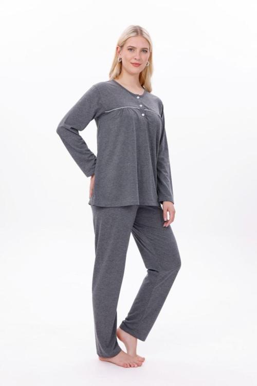 Kadın Büyük Beden Uzun Kol Biyeli Battal Pijama Takımı