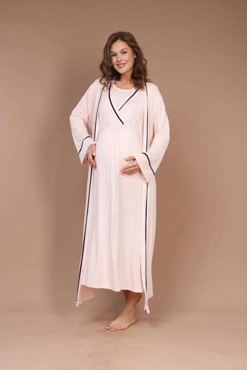 Kadın Uzun Sabahlıklı Cepli Biye Detaylı Lohusa Hamile Gecelik Sabahlık Takım
