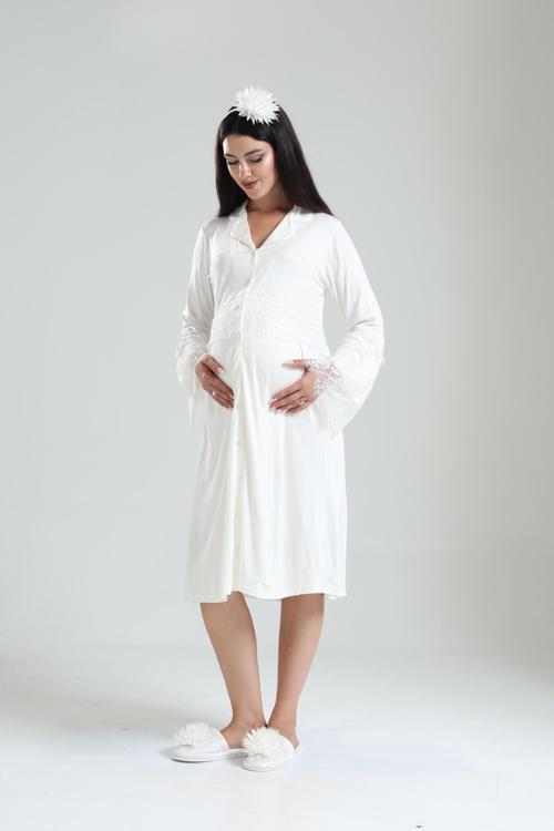 Kadın Önden Düğmeli Dantelli Lohusa Hamile Tek Gecelik