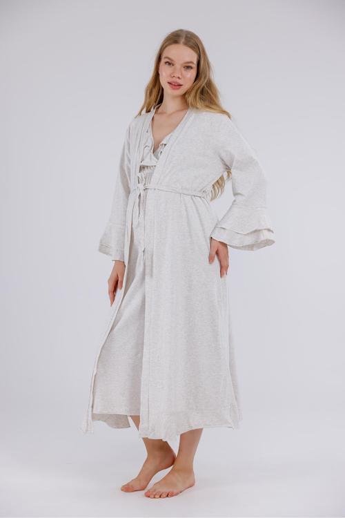 Kadın Lacivert Yaka Ve Kol Dantelli Lohusa Hamile Gecelik-Sabahlık 2'Li Set