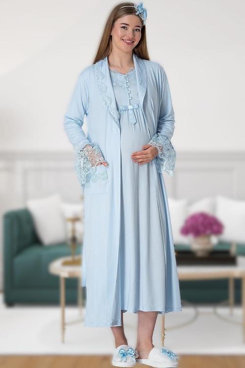 Kadın Uzun Sabahlıklı Dantelli Lohusa Hamile Gecelik Sabahlık Takım