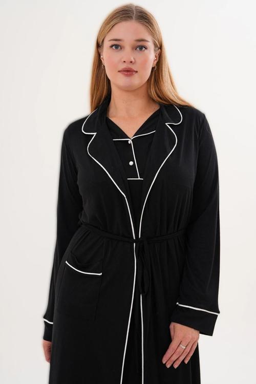 Kadın Siyah Dantelli Kışlık Özel Tasarım Lohusa Hamile Sabahlık Gecelik Seti