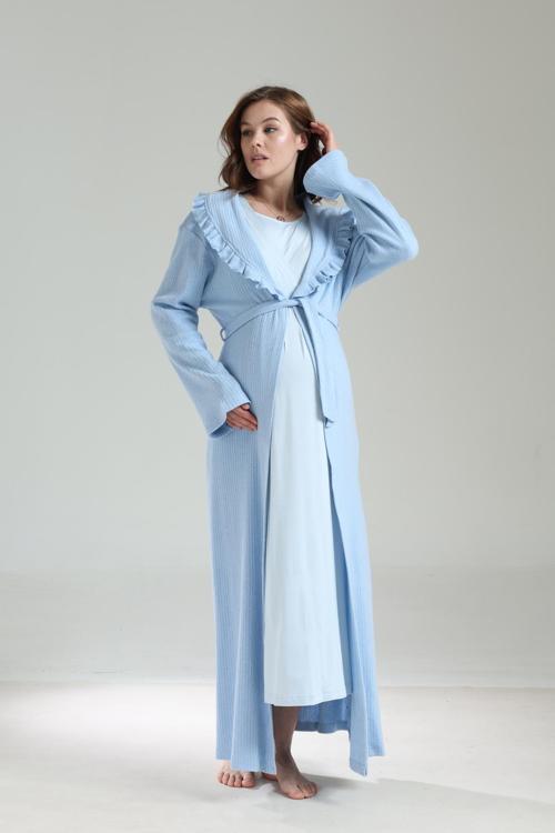 Kadın Pudra Şal Yaka Tam Boy Kışlık Uzun Kol Özel Tasarım Lohusa Hamile Sabahlık Gecelik Seti