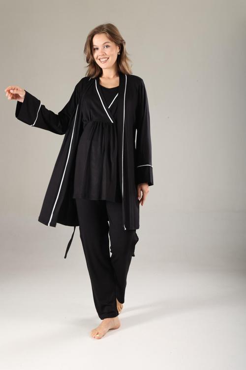 Siyah Biyeli Ozel Tasarım Yazlık Pamuk Hamile Lohusa Sabahlık Pijamatakımı 3'Lü Set