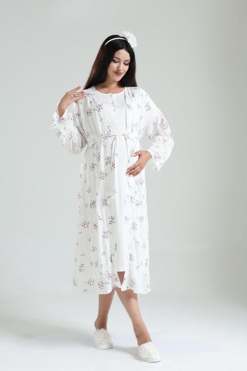 Kadın Çiçek Desenli Bisiklet Yaka 2'Lü Lohusa Hamile Gecelik Sabahlık Takım Seti