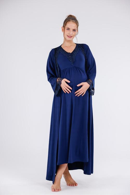 Kadın Lacivert Yaka Ve Kol Dantelli Lohusa Hamile Gecelik-Sabahlık 2'Li Set