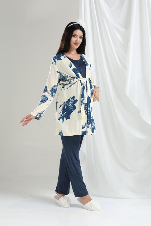 Kadın Tuba Lacivert Desenli Dokuma Pamuklu Lohusa Hamile Sabahlıklı 3'Lü Pijama Takım Set